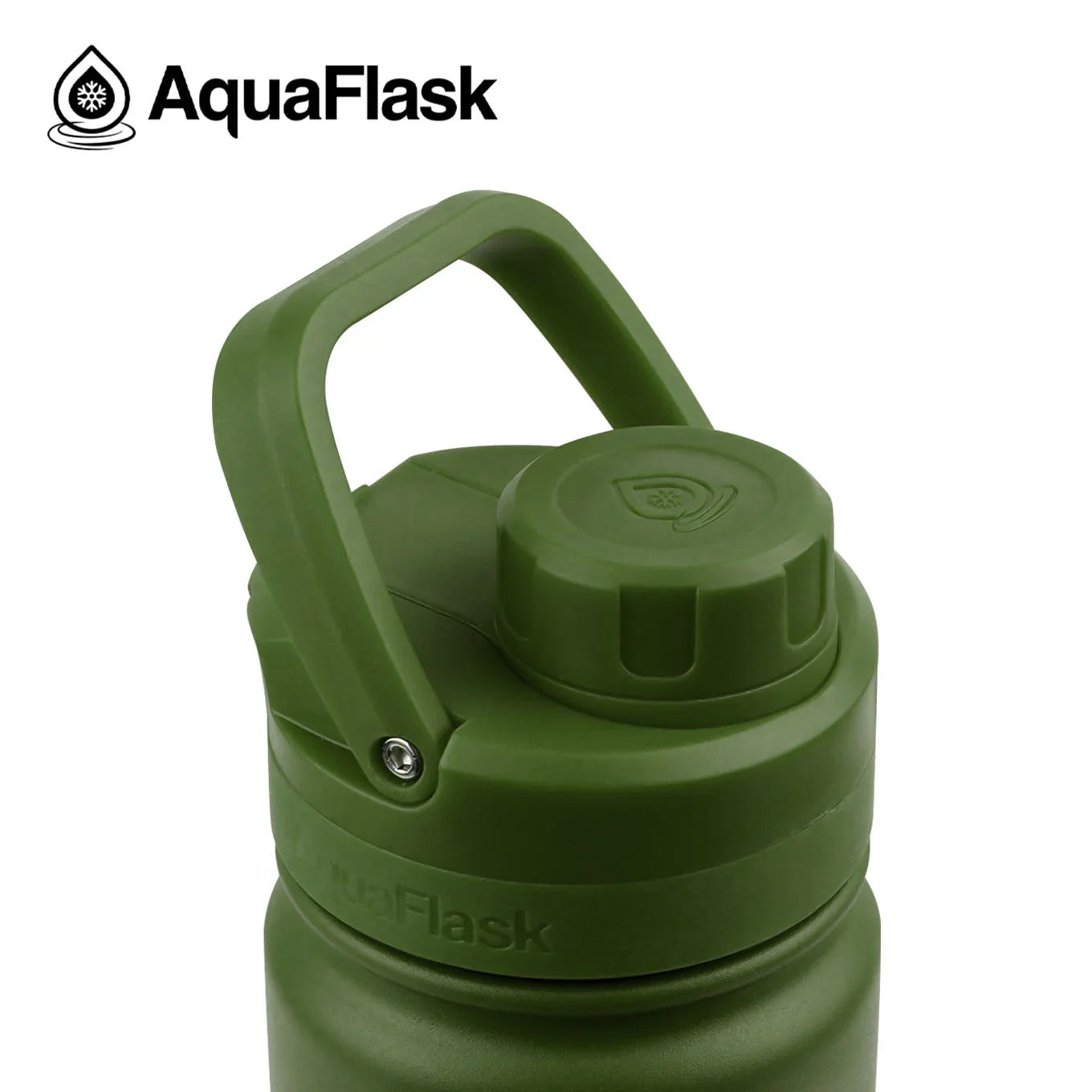 Hunter green AquaFlask 18oz water bottle with handle and screw cap on white background