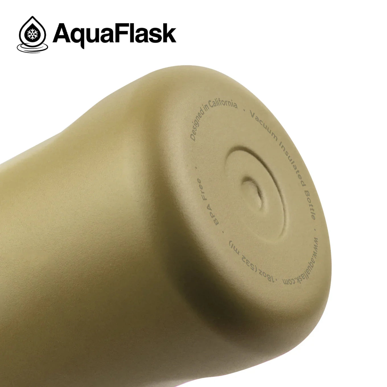 Sand color AquaFlask 18oz vacuum insulated bottle close-up with logo