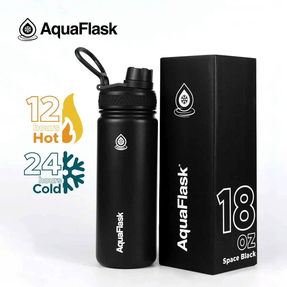AquaFlask 18oz Space Black insulated bottle with box, keeps drinks hot 12h, cold 24h