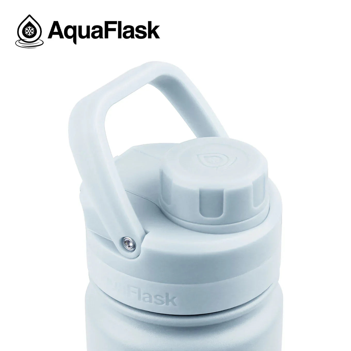 AquaFlask Sea Salt 18oz water bottle with a screw cap and handle, light blue, close-up.