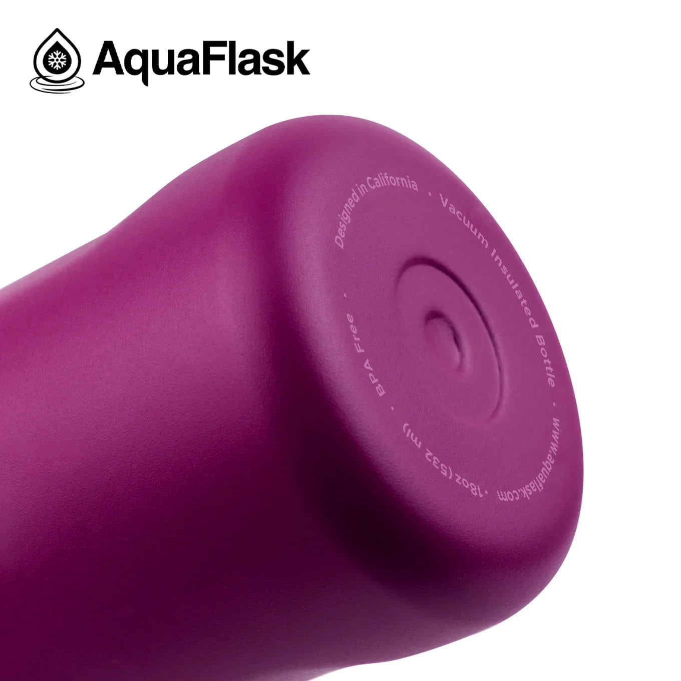 AquaFlask magenta 18oz vacuum insulated water bottle with branding and BPA free label.