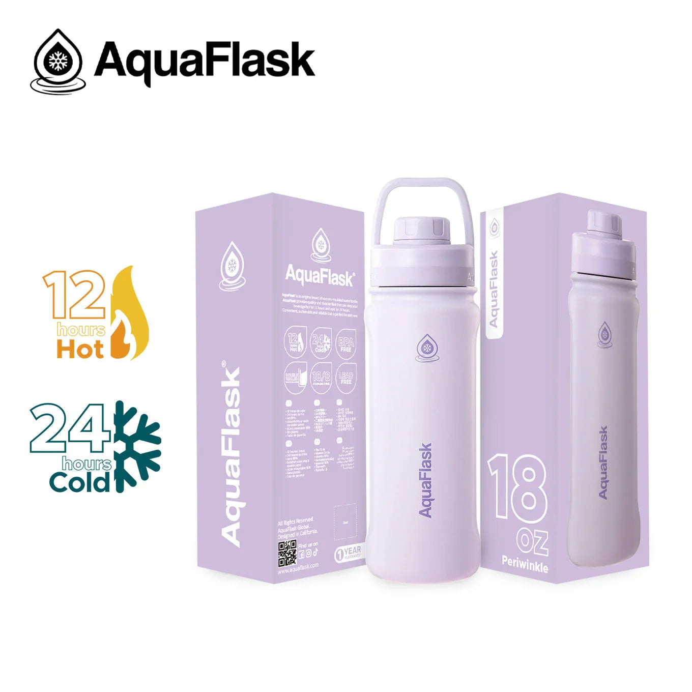 AquaFlask 18oz periwinkle water bottle with handle, boxes, and hot-cold icons on white background