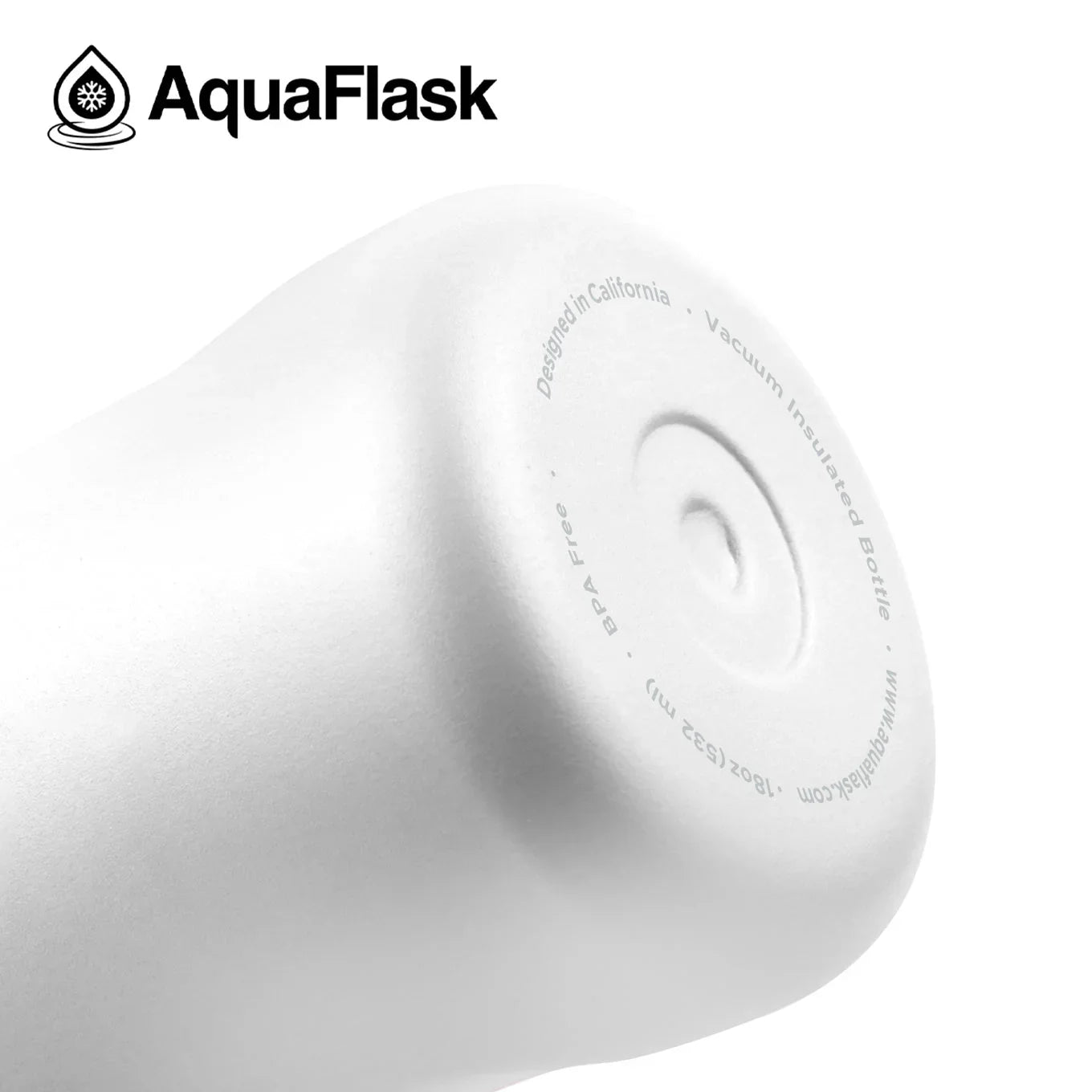 AquaFlask Arctic White 18oz vacuum insulated water bottle base, close-up on white.