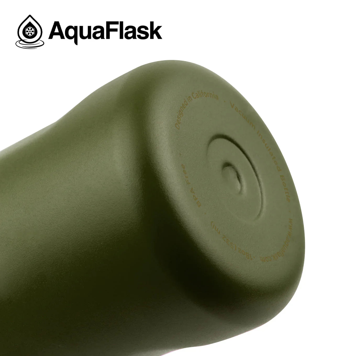 AquaFlask olive green vacuum insulated bottle base close-up with logo on white background