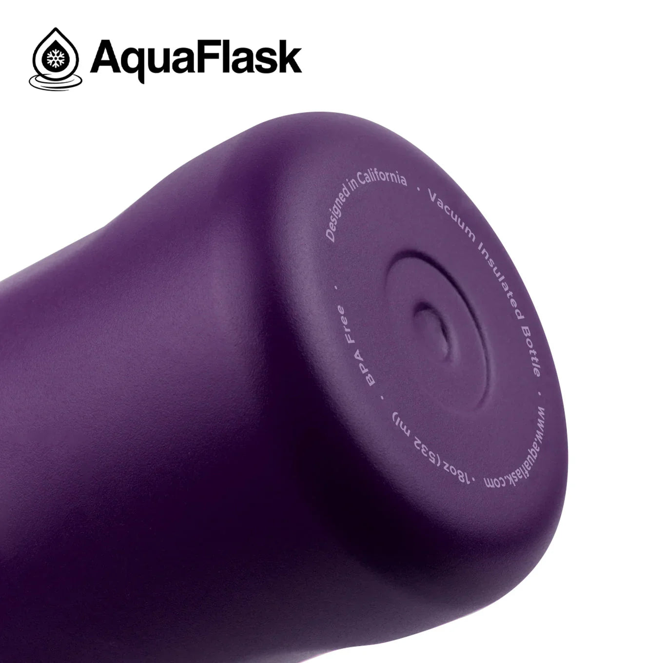 Purple AquaFlask 18oz vacuum insulated water bottle close-up with logo