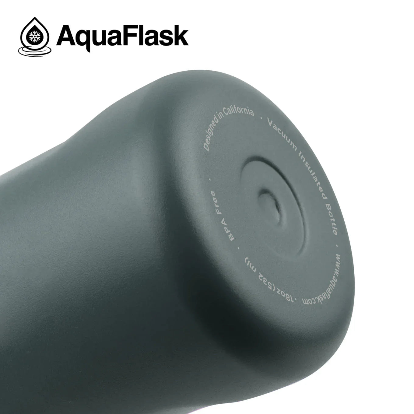 Graphite AquaFlask 18oz vacuum insulated water bottle with BPA free label close-up