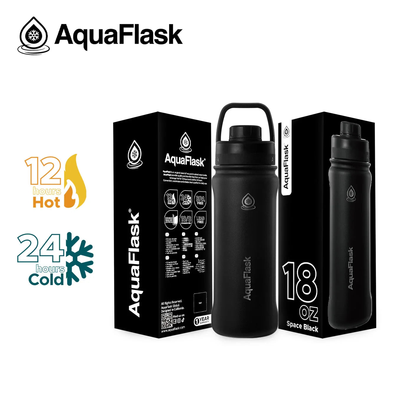 AquaFlask 18oz Space Black insulated water bottle with packaging, hot and cold icons.