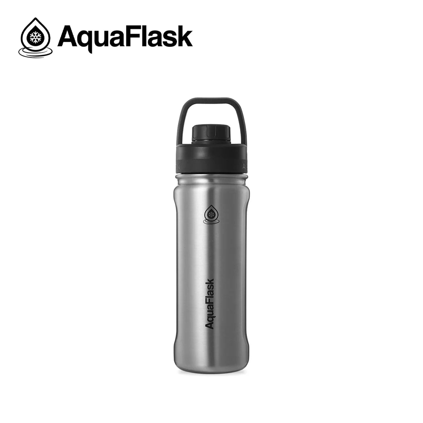 AquaFlask silver stainless steel water bottle with black lid and logo on white background