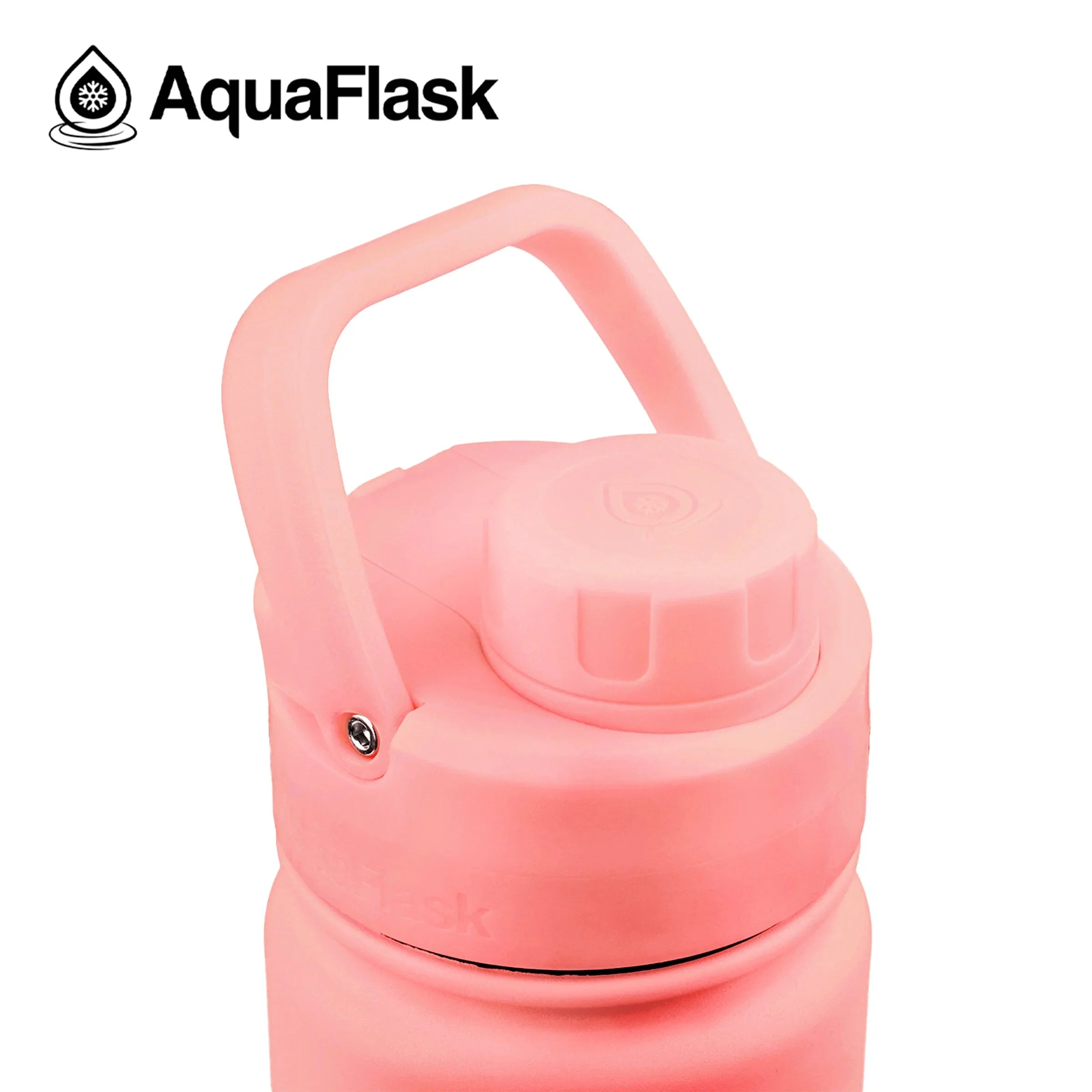AquaFlask blush pink 18oz water bottle with handle, close-up view on white background.