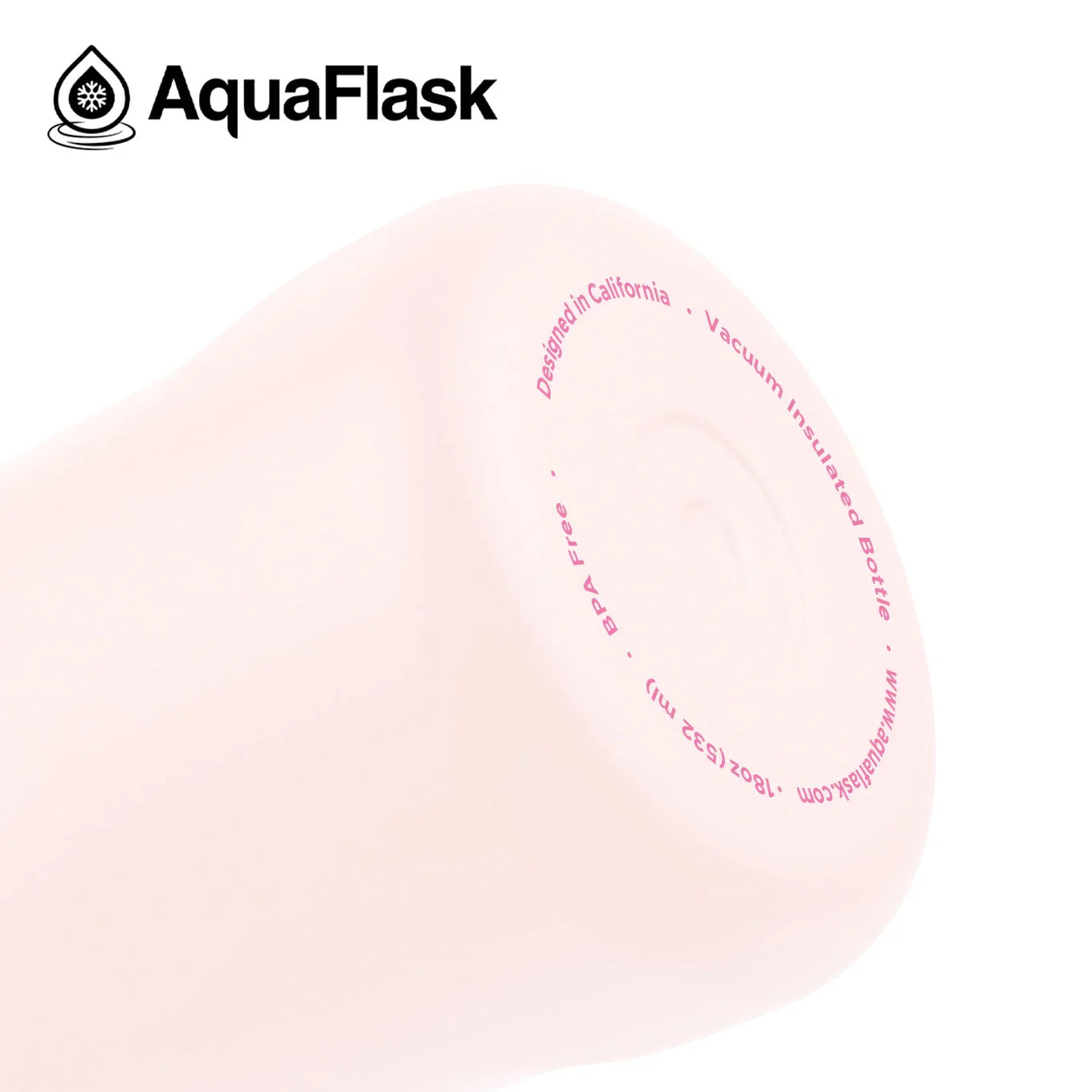 AquaFlask Ballet Pink 18oz vacuum insulated water bottle, closeup with logo.