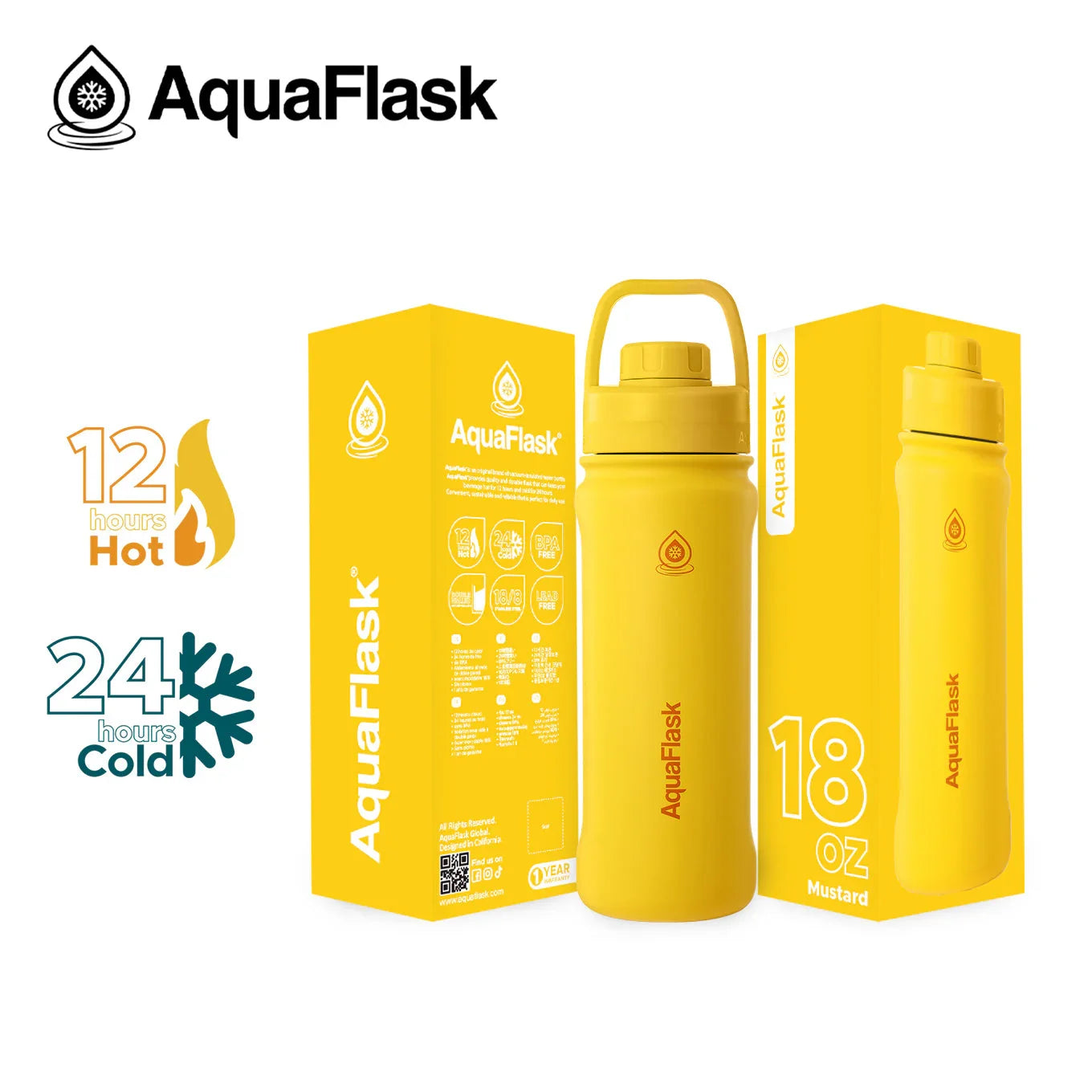 AquaFlask 18oz Mustard yellow insulated water bottle with box, keeps drinks hot 12h, cold 24h.