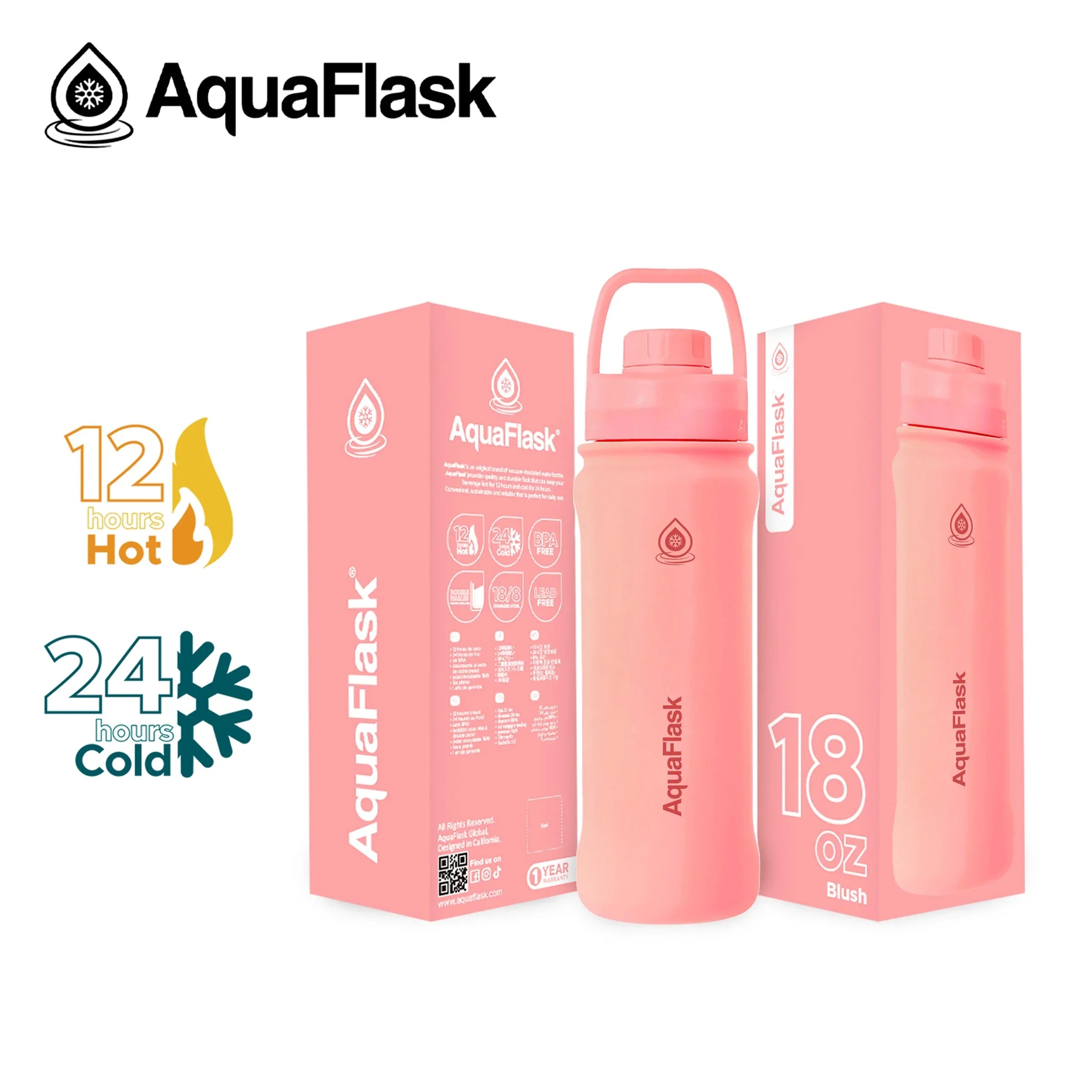 AquaFlask blush pink 18oz insulated water bottle with packaging, keeps drinks hot 12h, cold 24h.