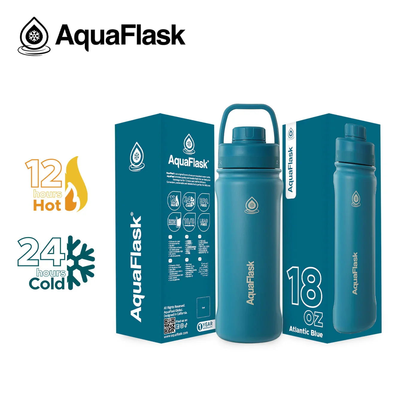 AquaFlask 18oz Atlantic Blue insulated water bottle with blue packaging, hot and cold icons.
