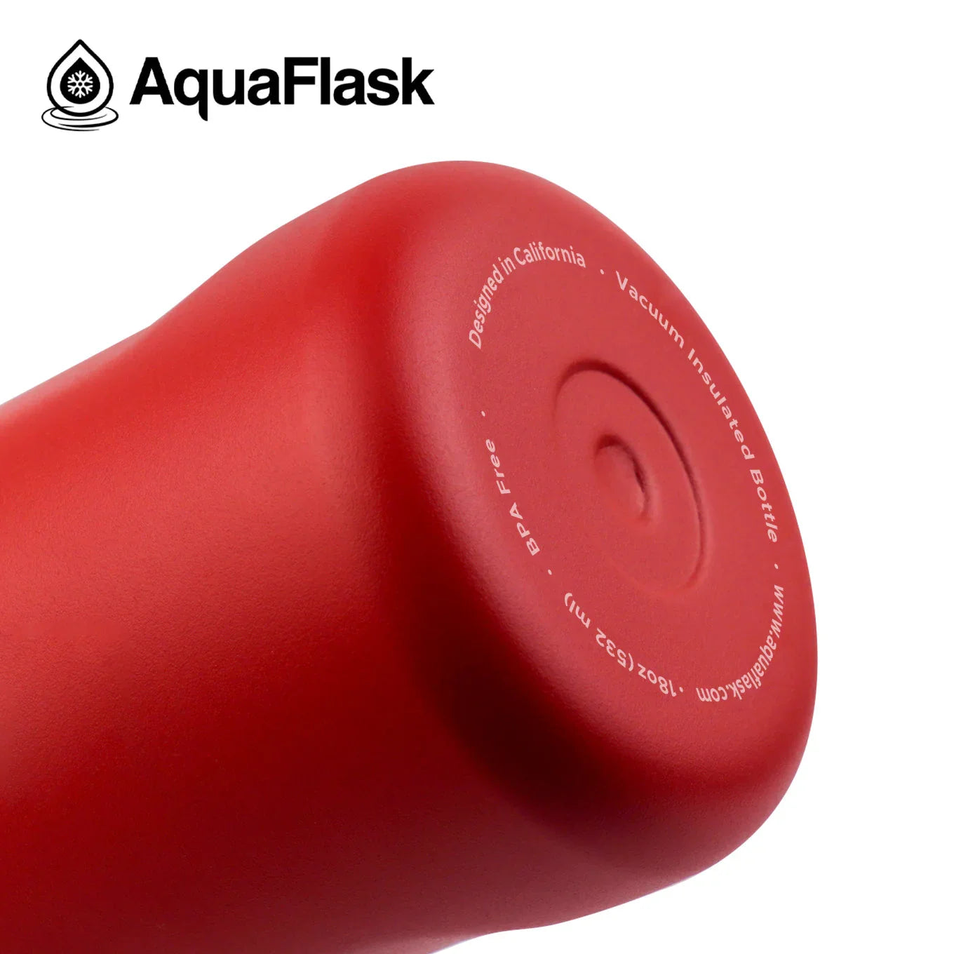 Red AquaFlask vacuum insulated bottle close-up with logo and branding details