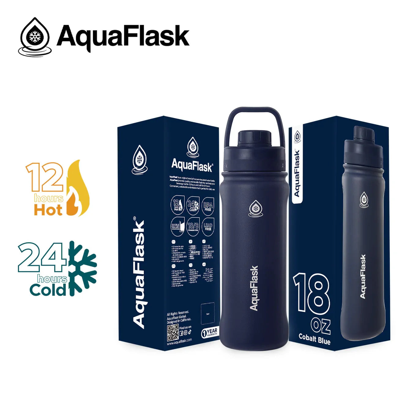 AquaFlask 18oz Cobalt Blue insulated water bottle with packaging, hot and cold retention icons.