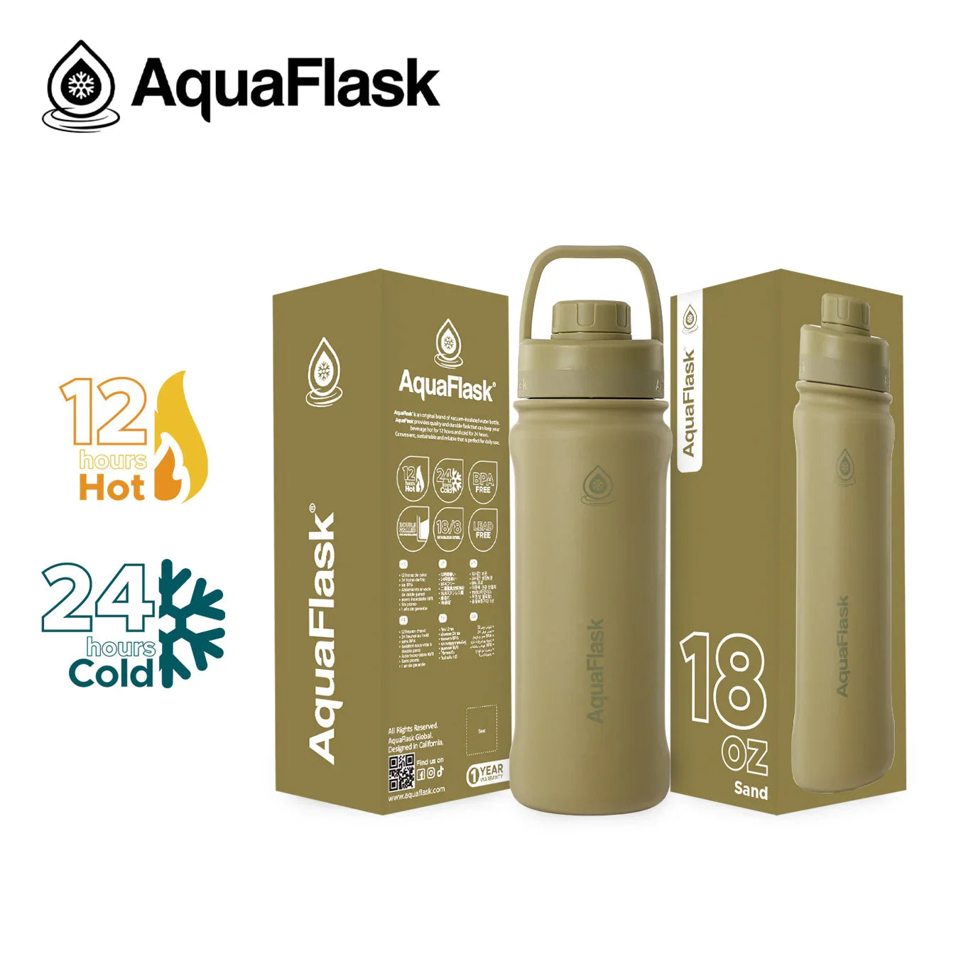 AquaFlask 18oz sand water bottle with packaging, hot and cold temperature icons
