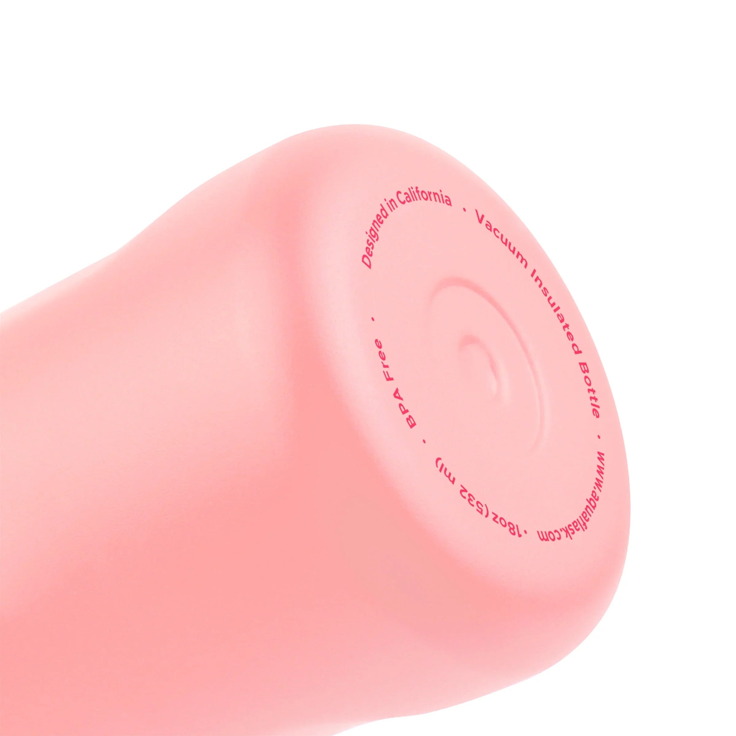 Blush pink vacuum insulated water bottle with rounded base and product details on bottom