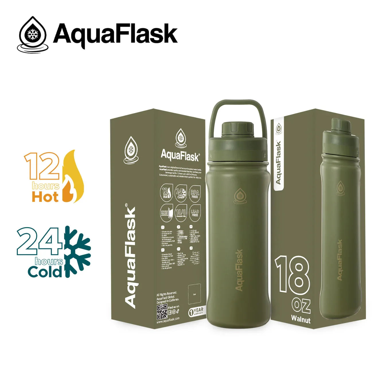 AquaFlask 18oz Walnut insulated water bottle with packaging, keeps drinks hot 12h, cold 24h