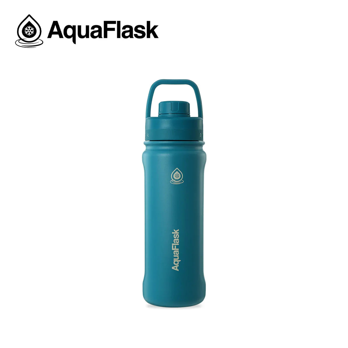 Atlantic Blue 18oz AquaFlask insulated water bottle with handle and logo on white background