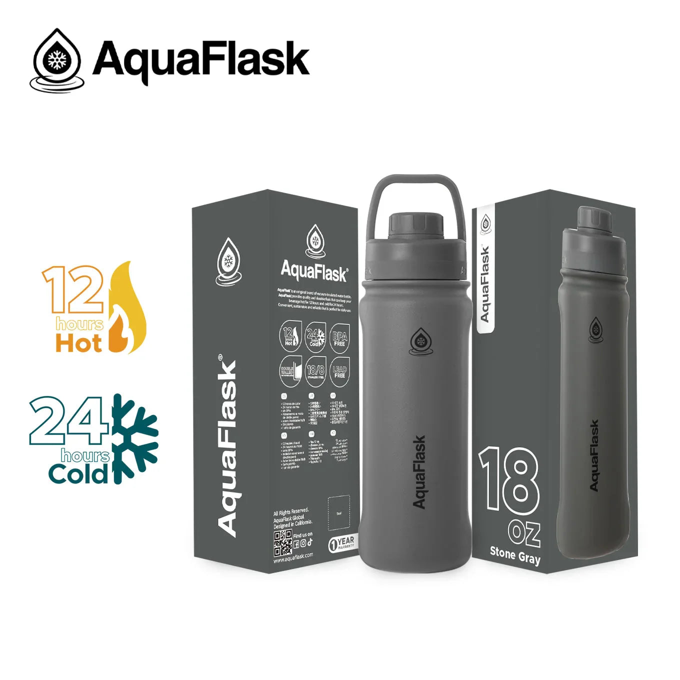 AquaFlask 18oz Stone Gray insulated water bottle with box, keeps drinks hot for 12 hours and cold for 24 hours.