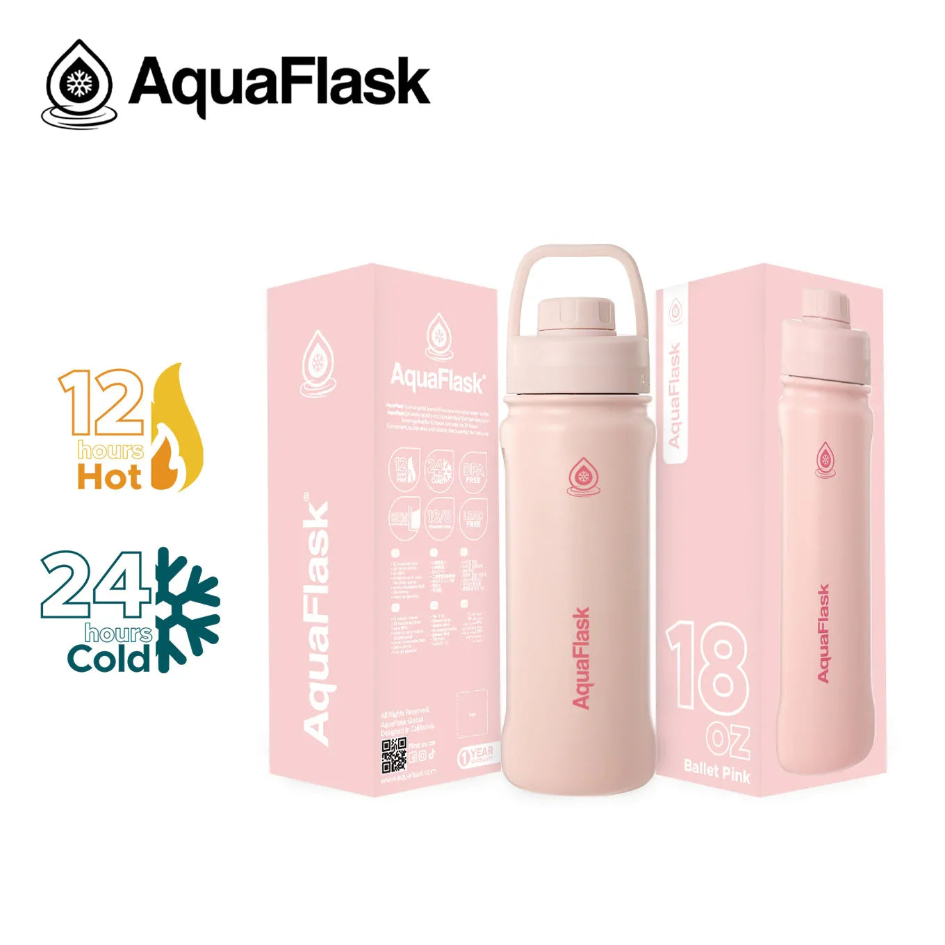 AquaFlask 18oz Ballet Pink insulated water bottle with pink box, keeps drinks hot 12h, cold 24h.