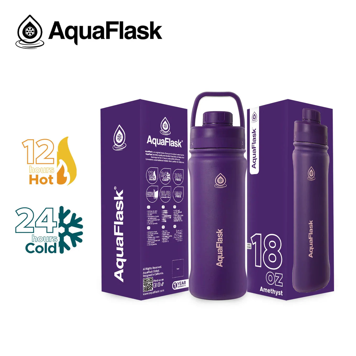 AquaFlask 18oz Amethyst purple insulated water bottle with box, keeps drinks hot or cold.