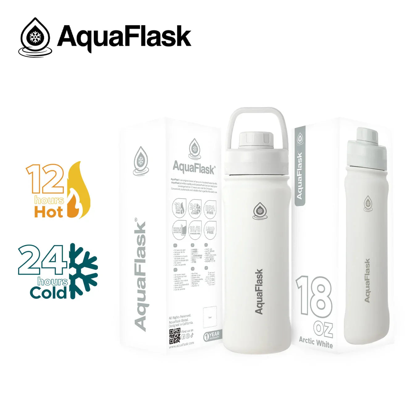 AquaFlask 18oz Arctic White insulated water bottle with packaging, keeps drinks hot or cold
