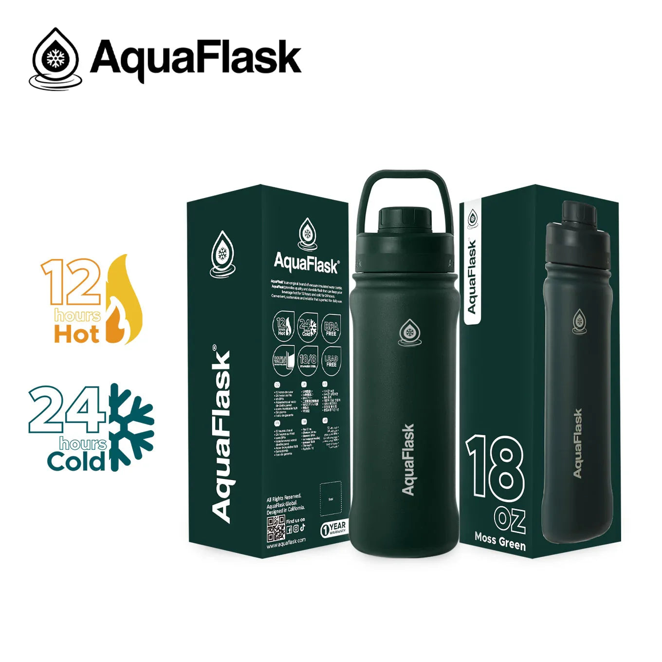AquaFlask 18oz Moss Green water bottle with packaging, 12 hours hot, 24 hours cold.