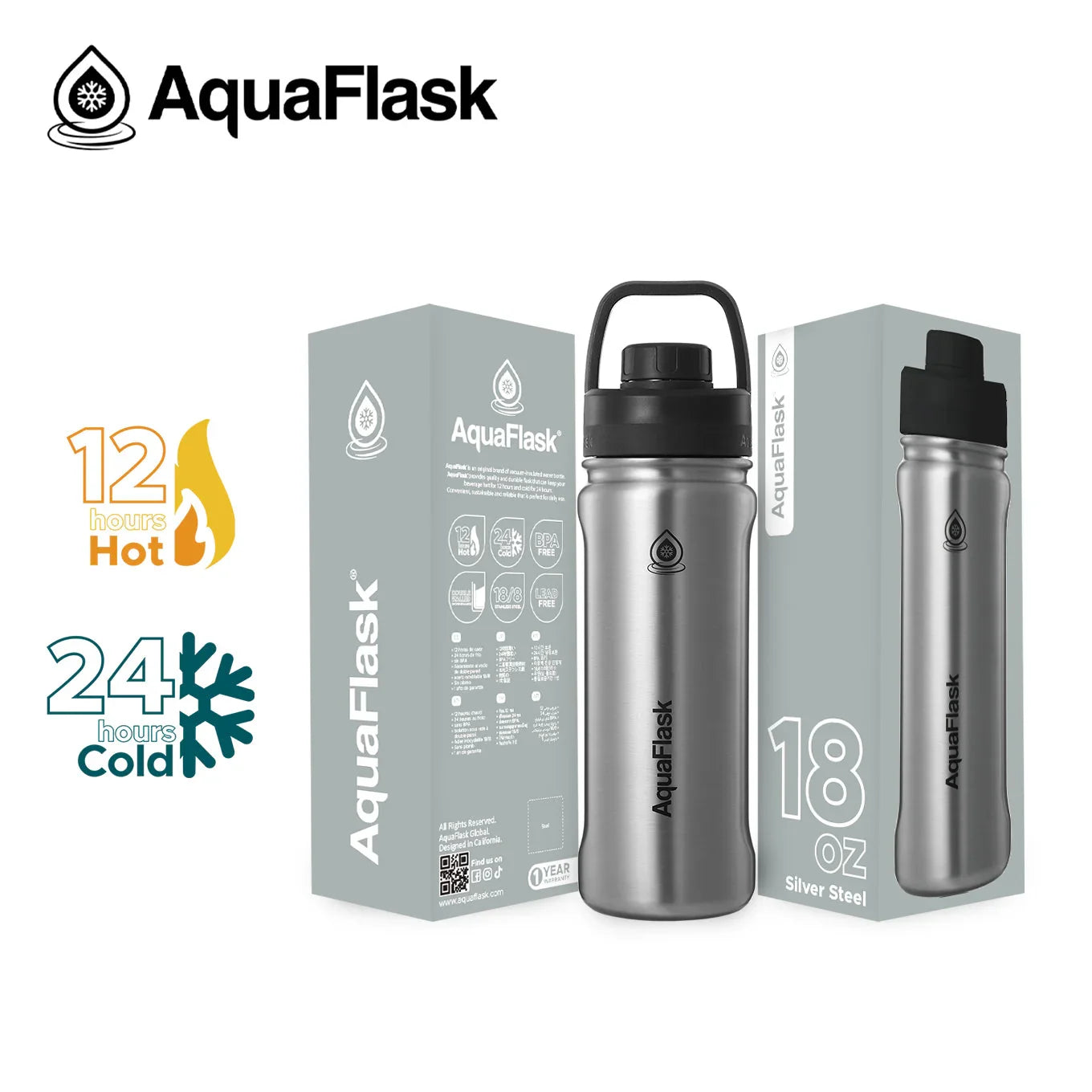AquaFlask 18oz Silver Steel insulated water bottle with packaging, 12 hours hot, 24 hours cold