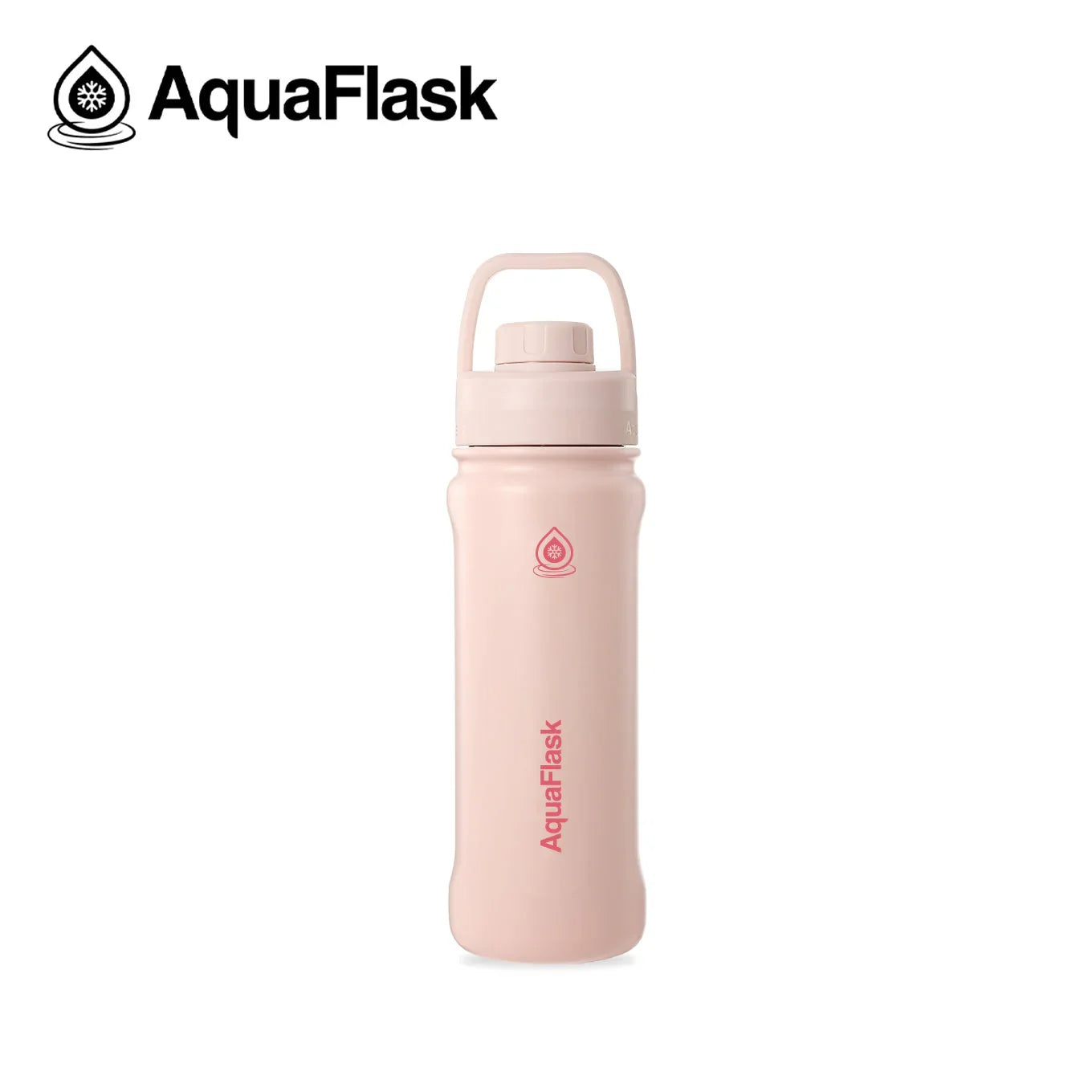 AquaFlask Ballet Pink 18oz water bottle with handle and logo on white background