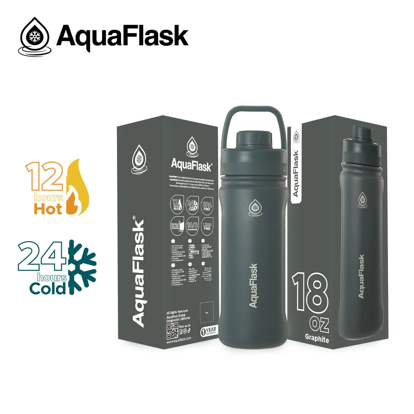 AquaFlask 18oz graphite water bottle with packaging, keeps drinks hot 12 hours, cold 24 hours.