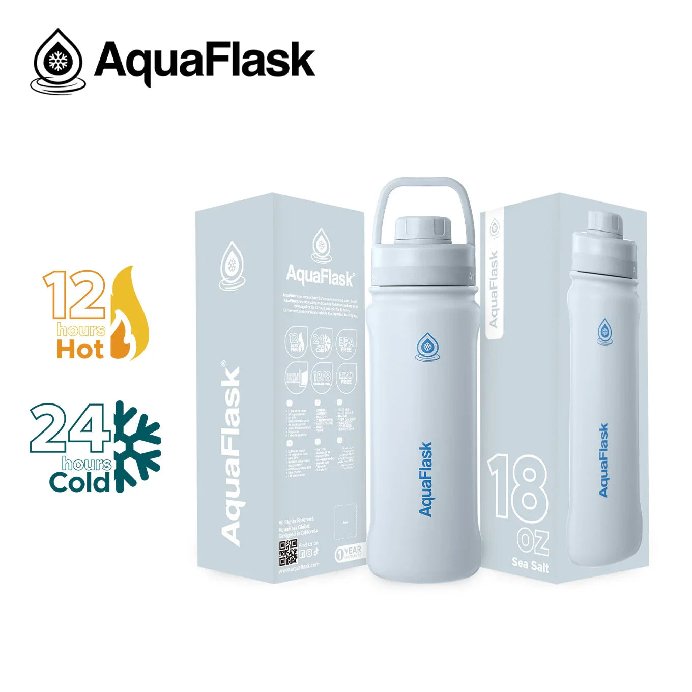AquaFlask 18oz Sea Salt white insulated water bottle with packaging, 12 hours hot, 24 hours cold.
