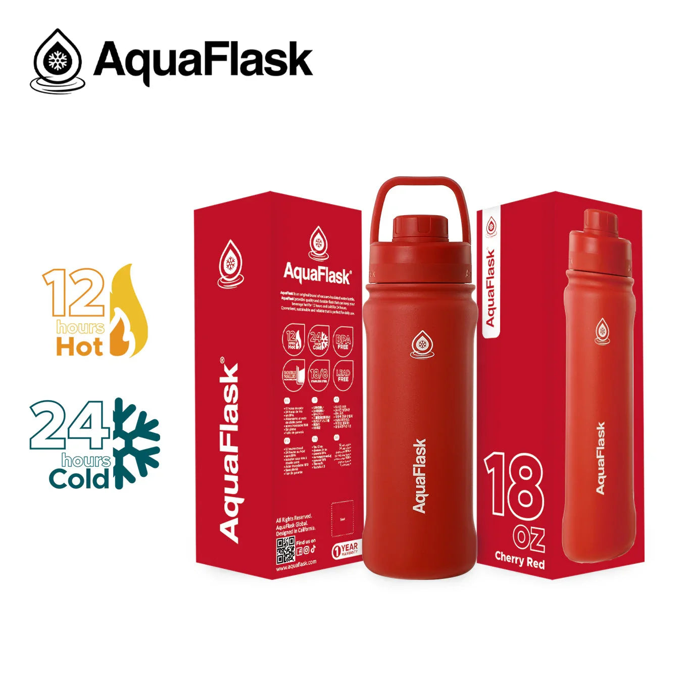 AquaFlask 18oz Cherry Red insulated water bottle with packaging, keeps drinks hot 12 hours, cold 24 hours.