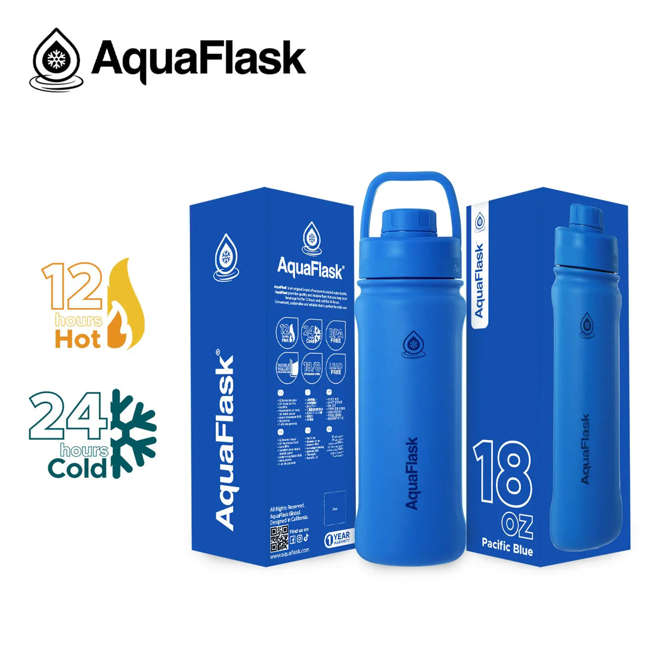 AquaFlask 18oz Pacific Blue insulated water bottle with packaging, keeps drinks hot 12h, cold 24h.