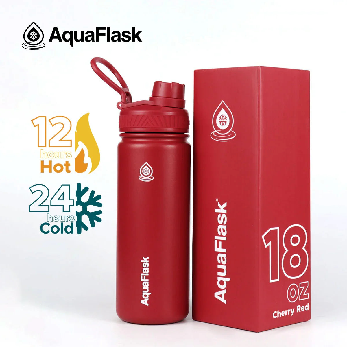 AquaFlask 18oz cherry red insulated water bottle with box, keeps drinks hot 12 hours and cold 24 hours