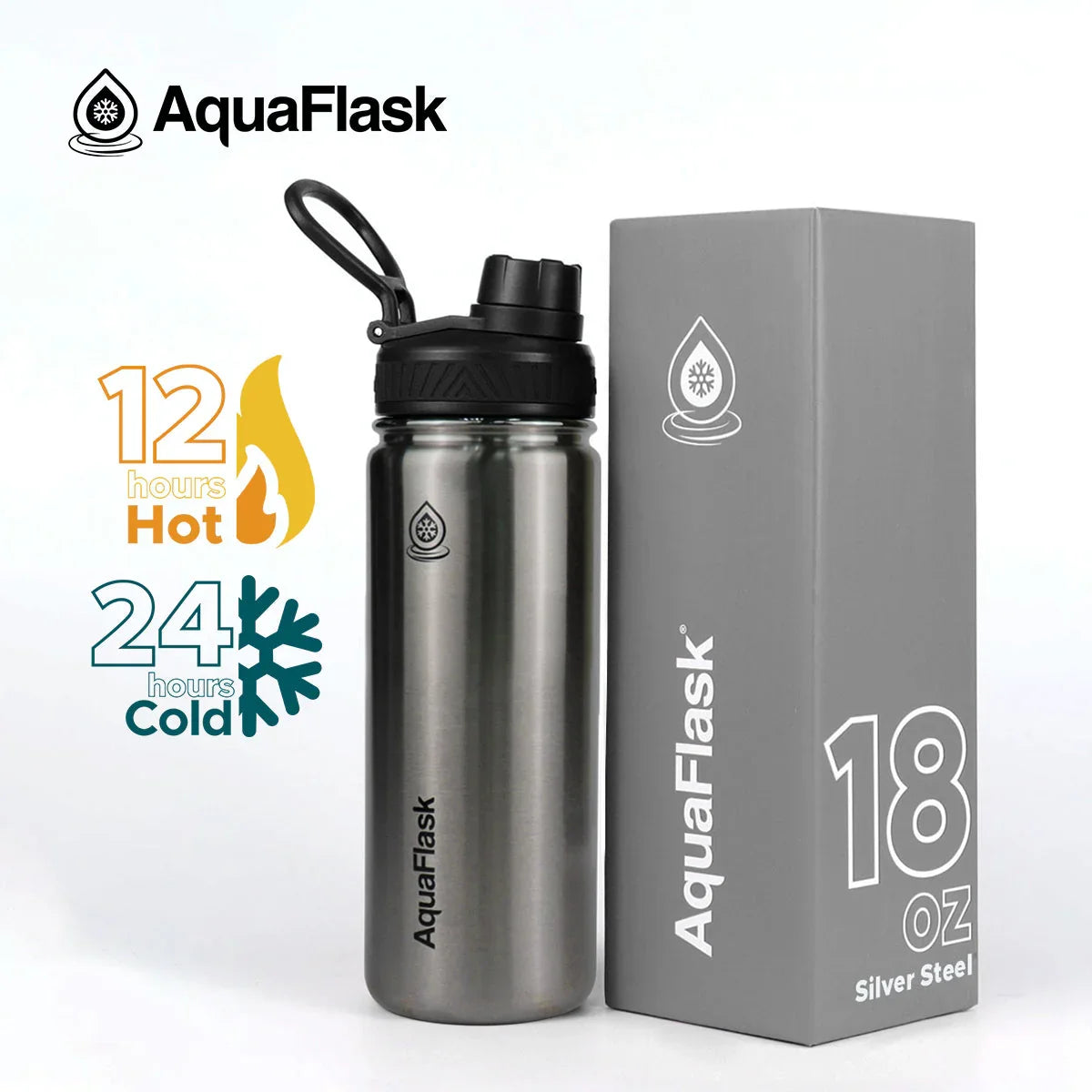 AquaFlask 18oz silver steel insulated water bottle with box, hot and cold retention icons