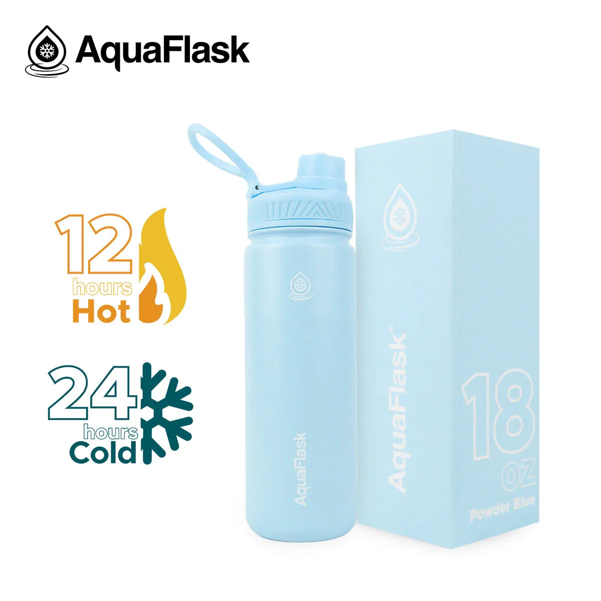 AquaFlask 18oz powder blue insulated water bottle with box, keeps drinks hot 12h, cold 24h