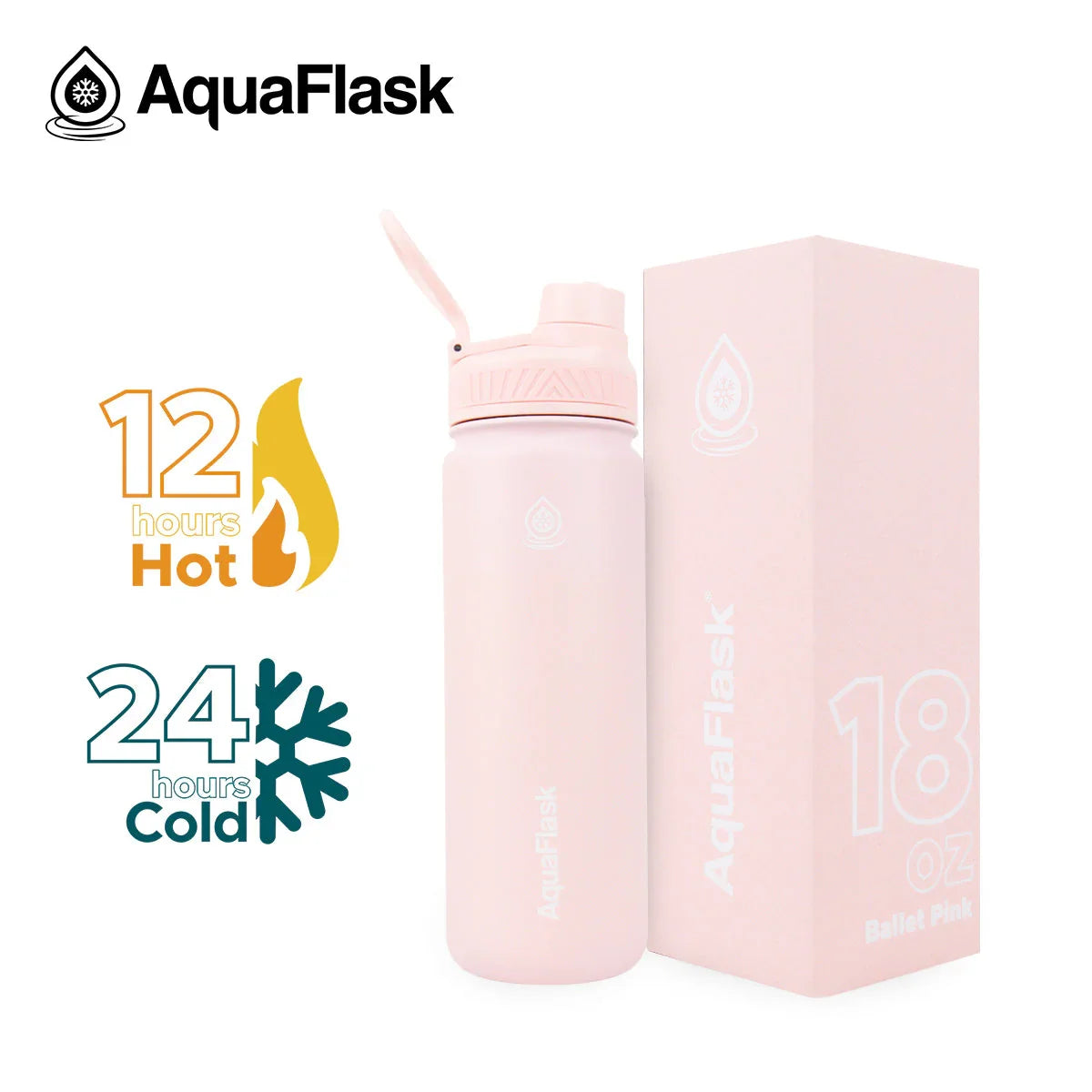 AquaFlask 18oz Ballet Pink water bottle with pink box, hot and cold retention feature icons
