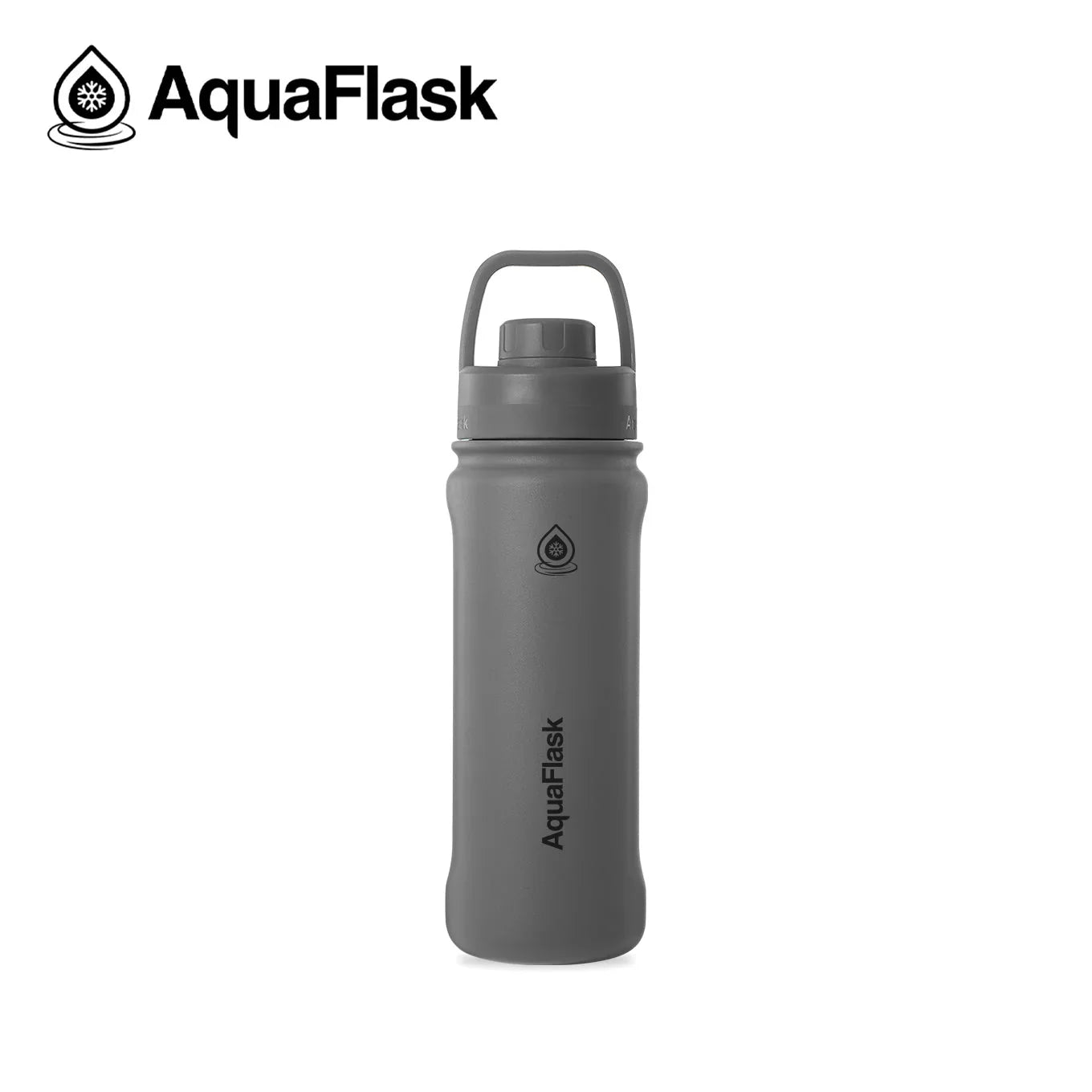 AquaFlask 18oz Stone Gray water bottle with handle on white background