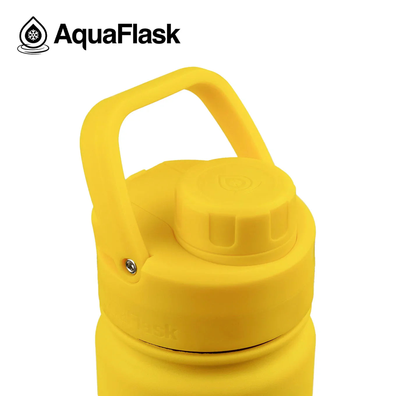AquaFlask mustard yellow insulated water bottle with handle and twist cap on white background