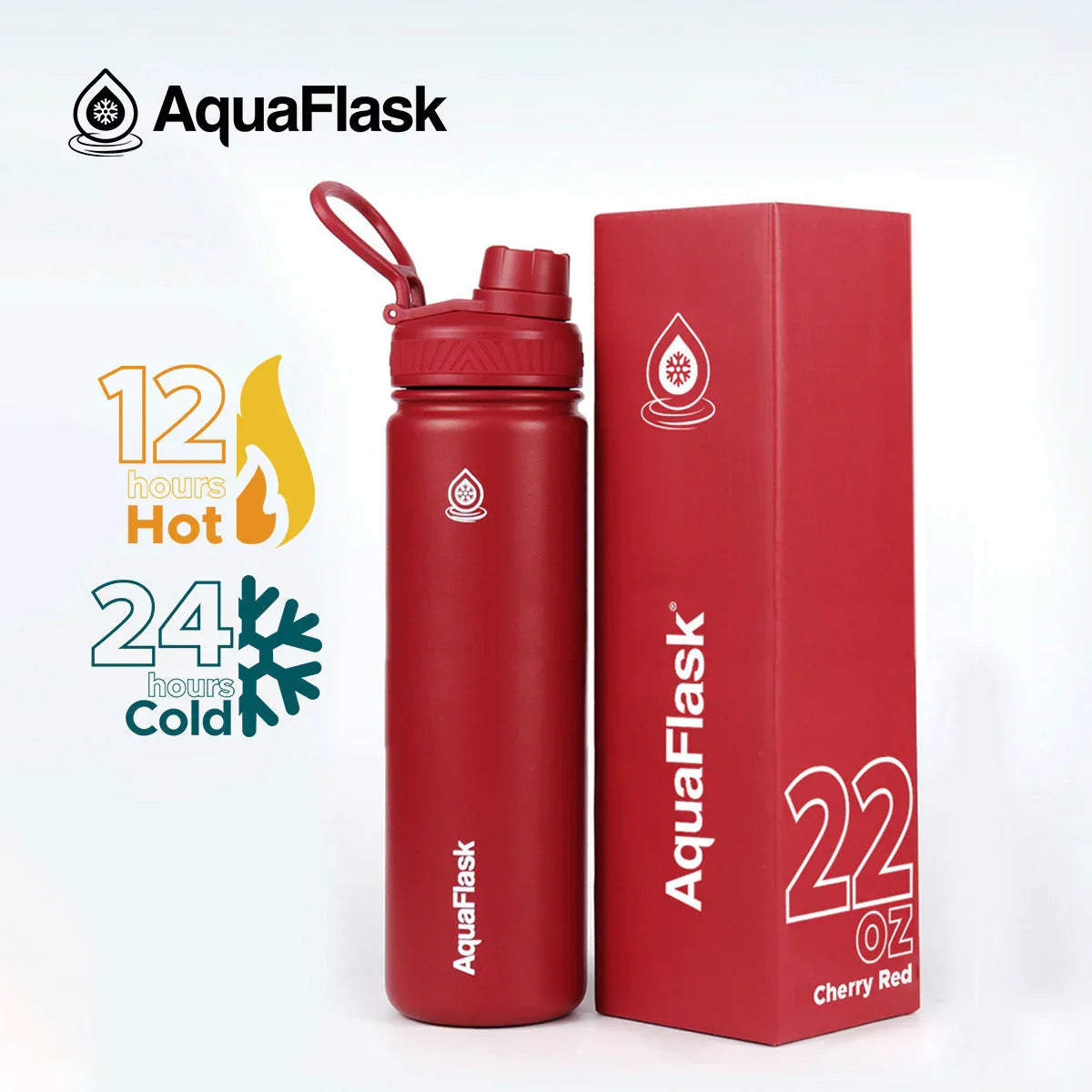 AquaFlask 22oz cherry red water bottle with matching box, hot and cold insulation icons
