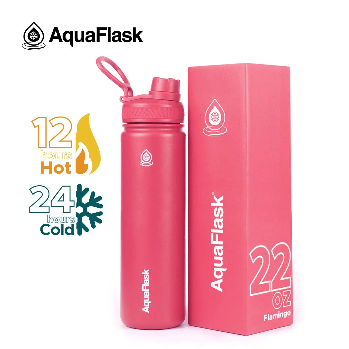 AquaFlask 22oz Flamingo pink insulated water bottle with box, keeps drinks hot for 12 hours or cold for 24 hours.