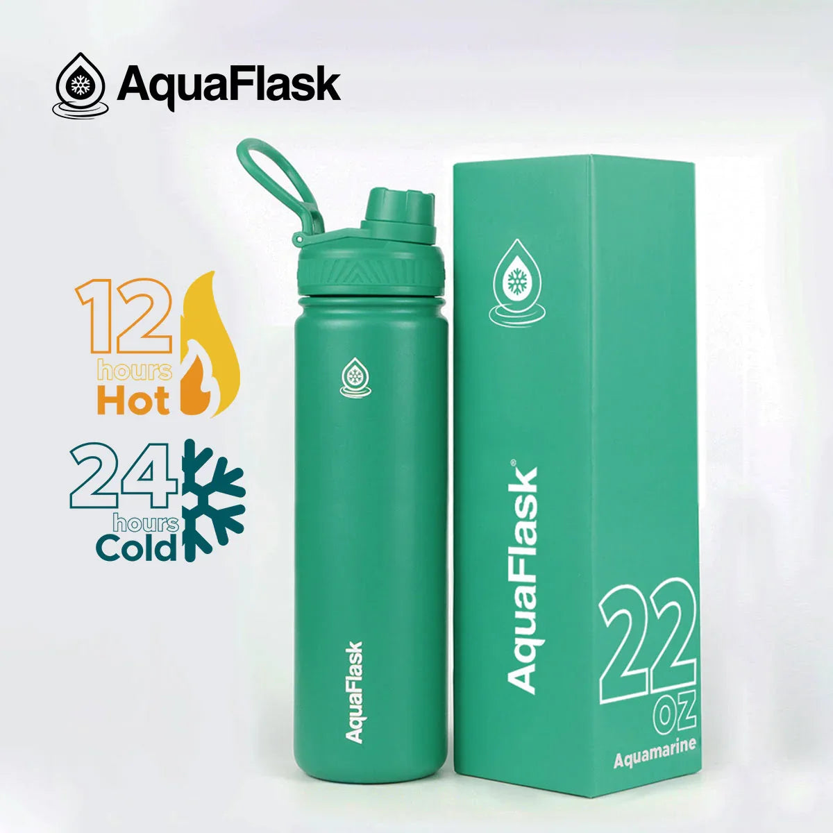 AquaFlask 22oz aquamarine water bottle with box, keeps drinks hot 12h, cold 24h