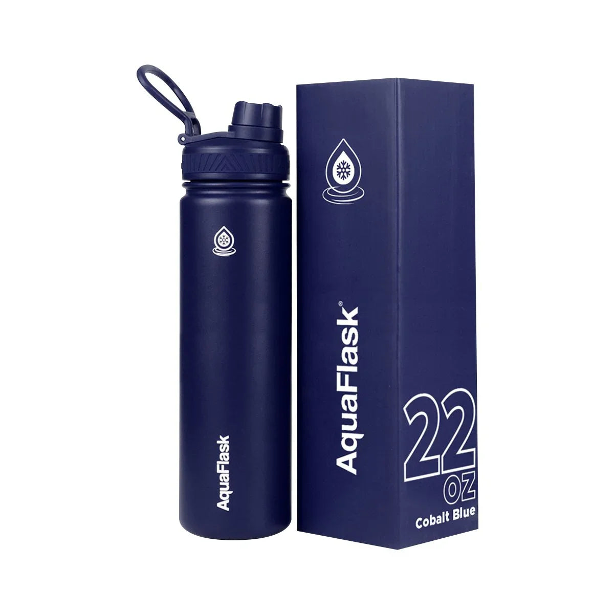 AquaFlask 22oz cobalt blue water bottle with matching box