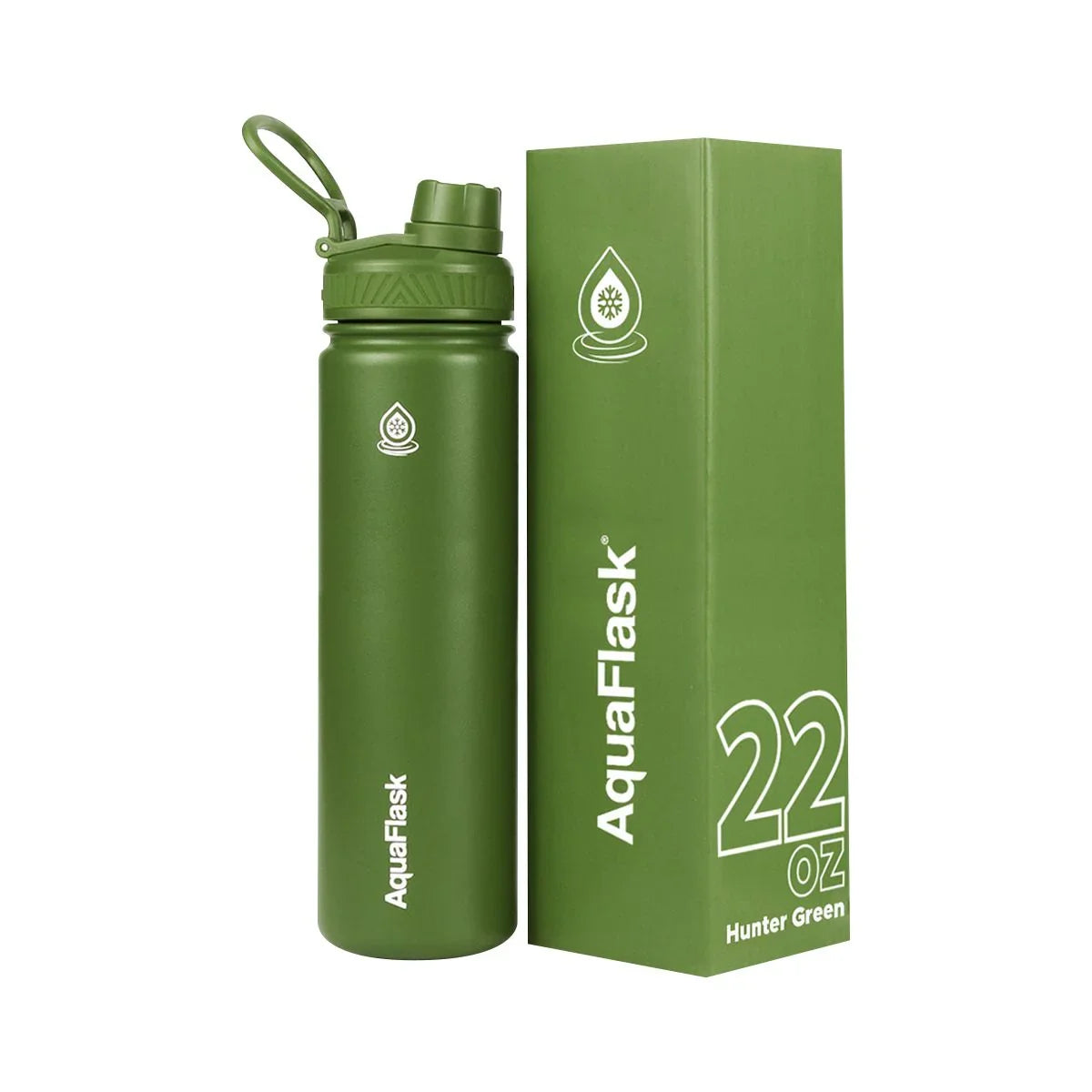AquaFlask 22 oz hunter green water bottle with matching box, reusable bottle design
