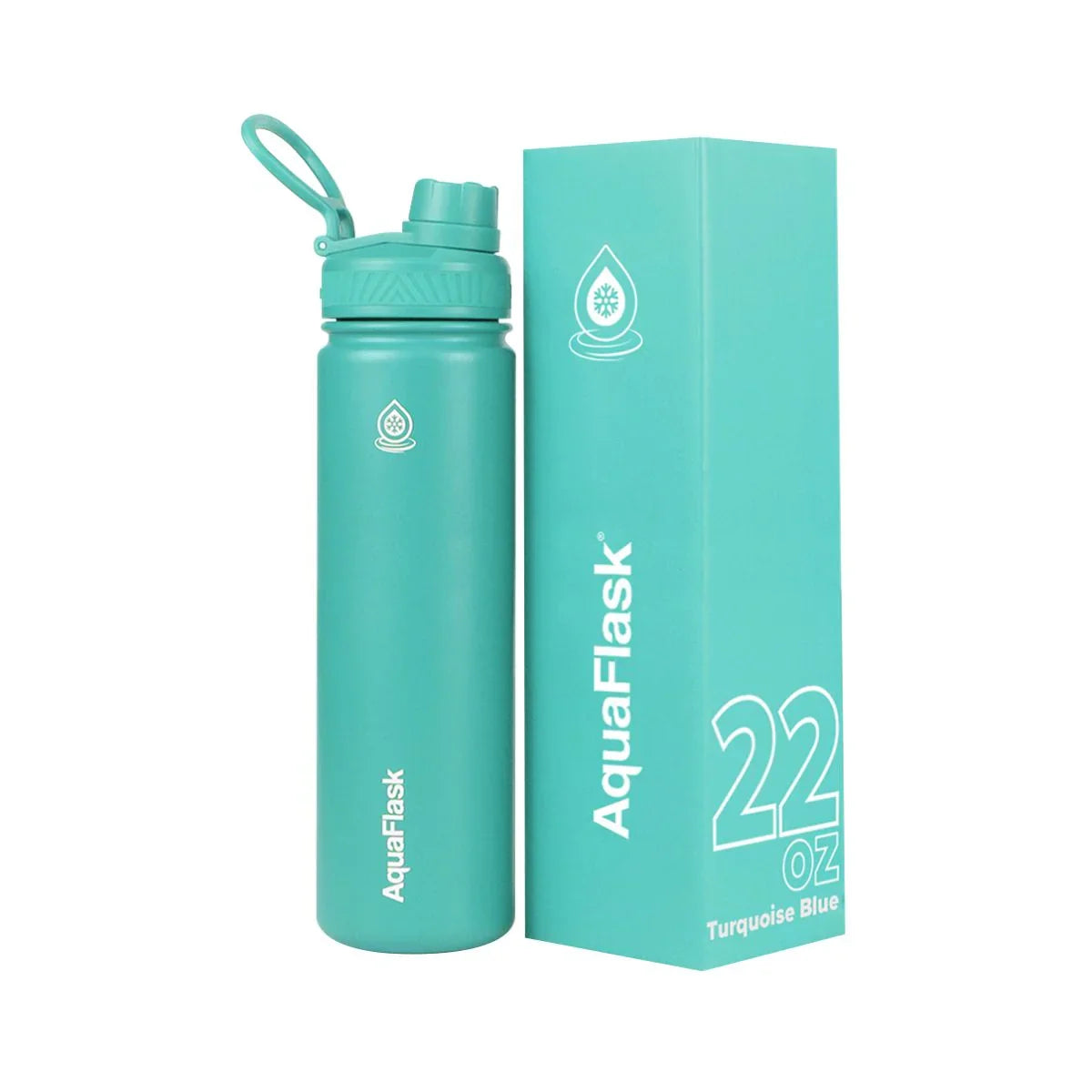 AquaFlask 22oz turquoise blue water bottle with matching box on white background