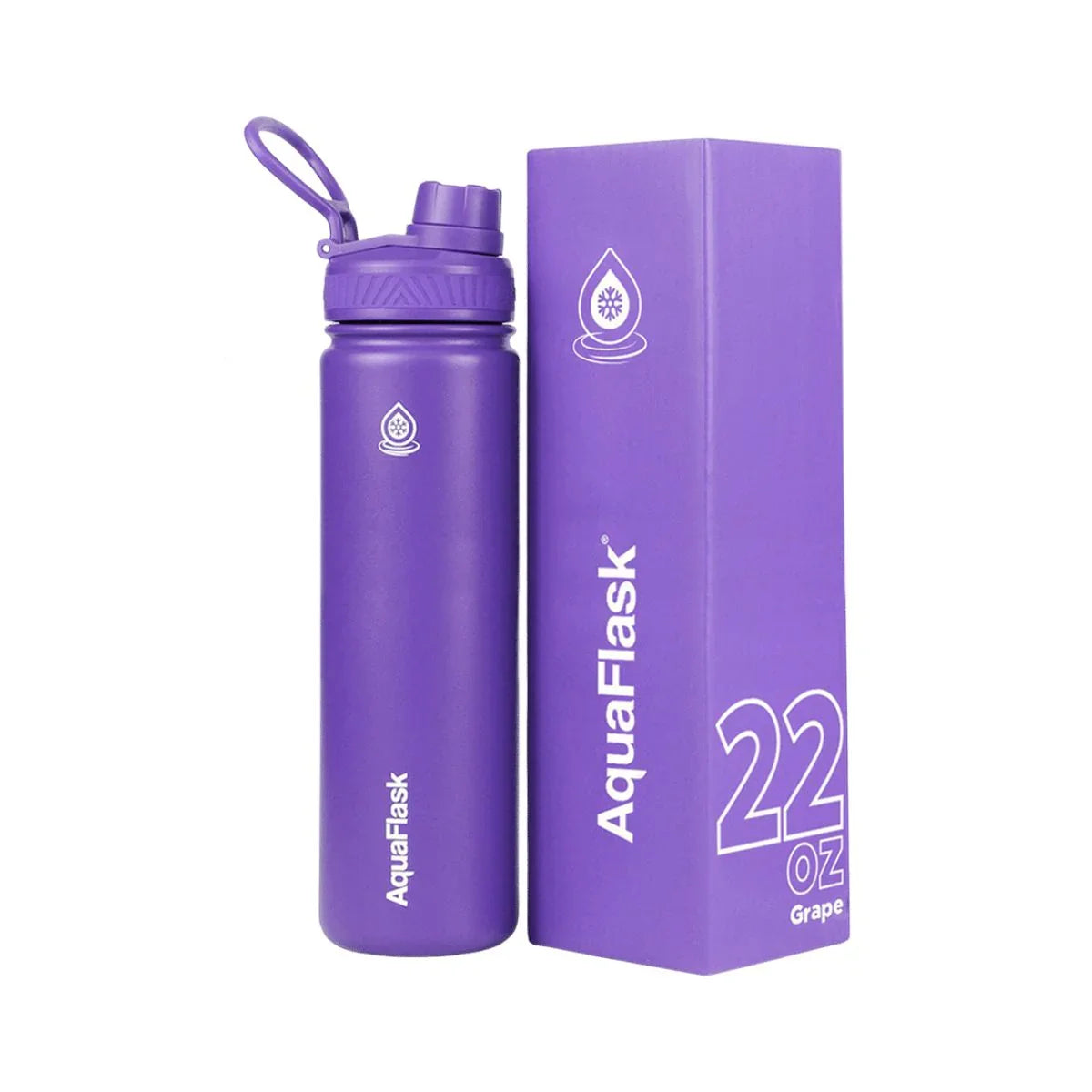 AquaFlask 22 oz grape purple water bottle with matching box on white background