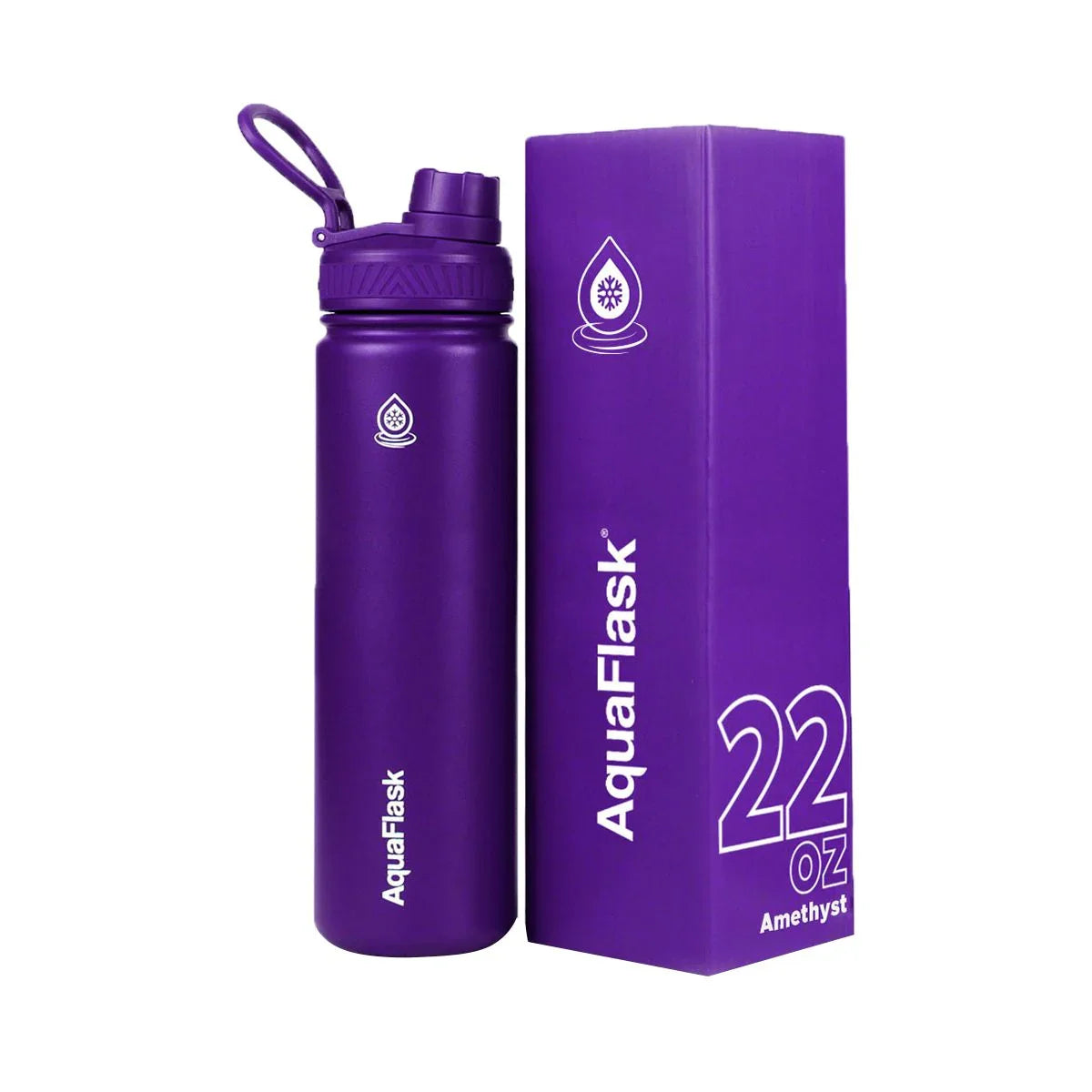 AquaFlask 22 oz amethyst purple water bottle with matching box