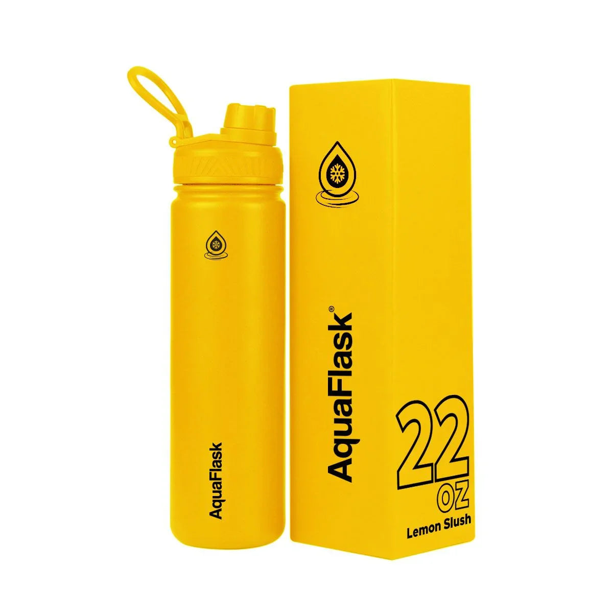 AquaFlask 22oz Lemon Slush yellow water bottle with matching box on white background
