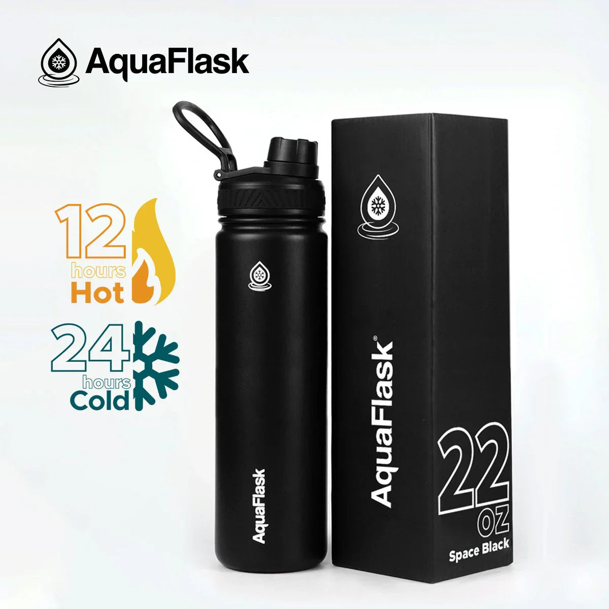 AquaFlask 22oz Space Black insulated water bottle with box, keeps drinks hot 12 hours, cold 24 hours